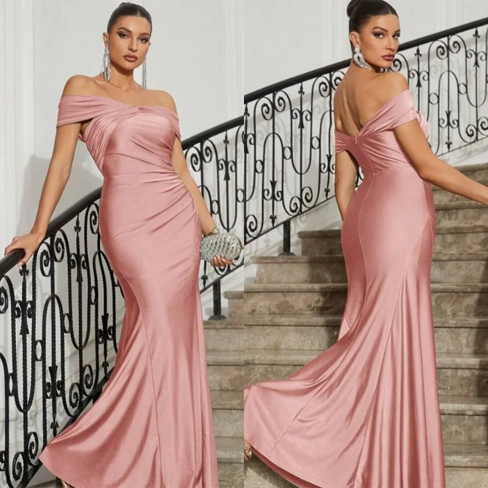 

High Quality Customized Strapless Floor Length Pleat Backless Off Shoulder Vestidos Para Bodas Mujer Invitada Robes De Soirée