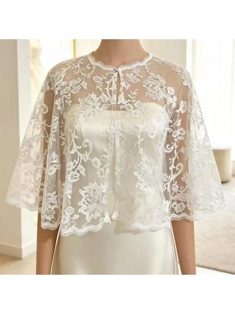 A52E White Embroidered Lace Shawl for Bride Lightweight Capelet Cover Up for Reception Dresses and Indoor Styling, Formal Event