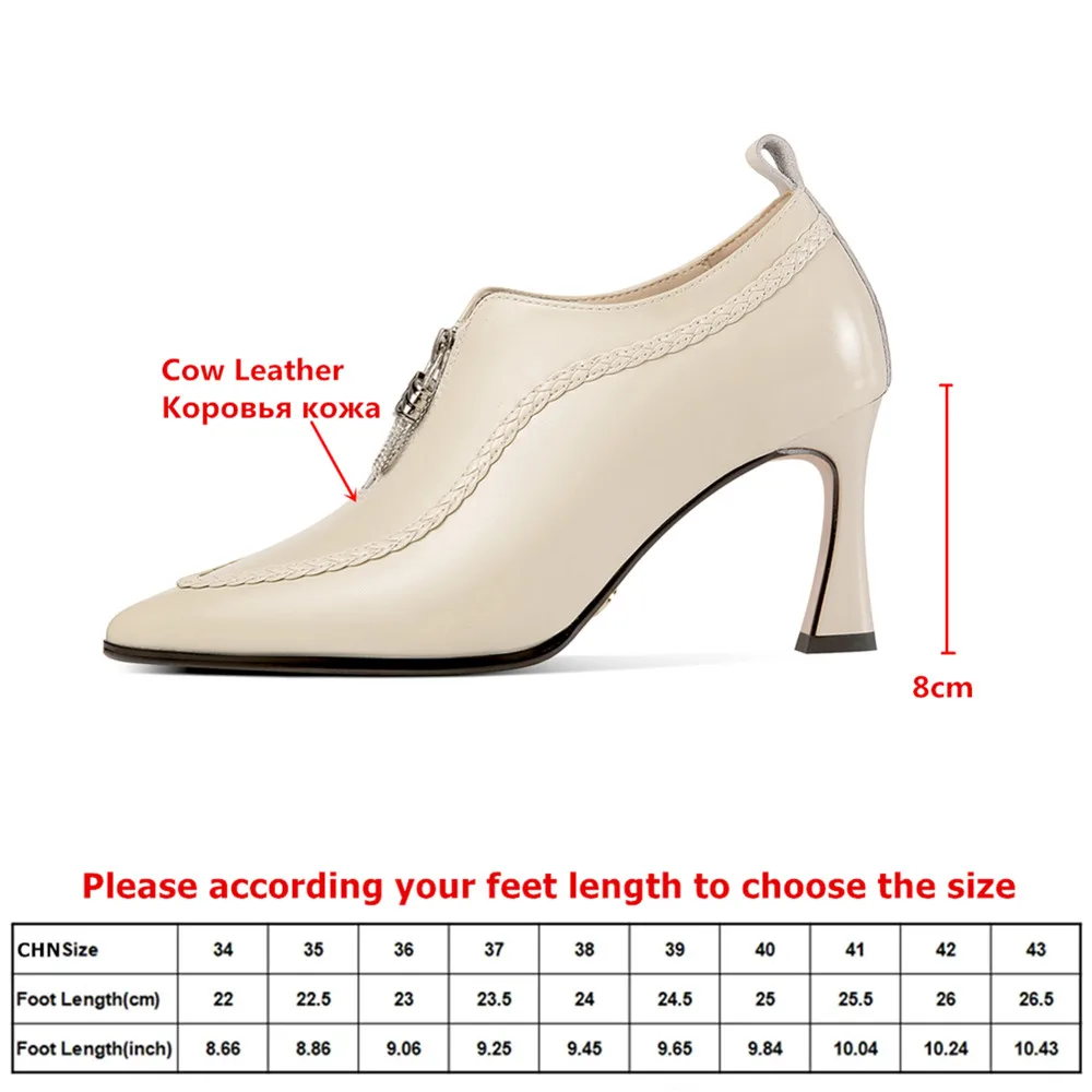 MILI-MIYA Women's Fashion Pointed-Toe Full Genuine Leather High-Heel Shoes Extra-Tall Chunky Heel With Centre Zipper Solid-Colou