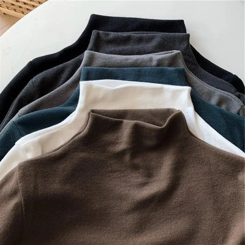 Women's Thermal Fleece Lined Thick Long Sleeve Half High Collar Base Shirt Double Sided Brushed Inner Wear T-Shirt Korean Style