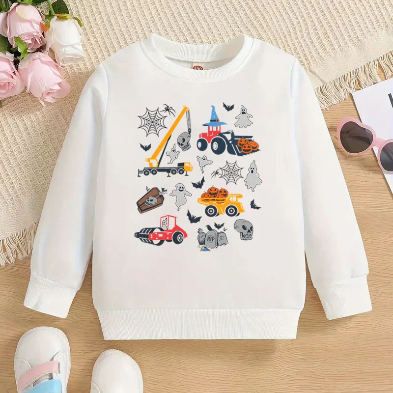 7-12 Years Old Children's Excavator Hoodies Halloween Ghost Skull Brand Autumn Sweatshirts Cartoon Girl Boy Excavator Sweatshirt