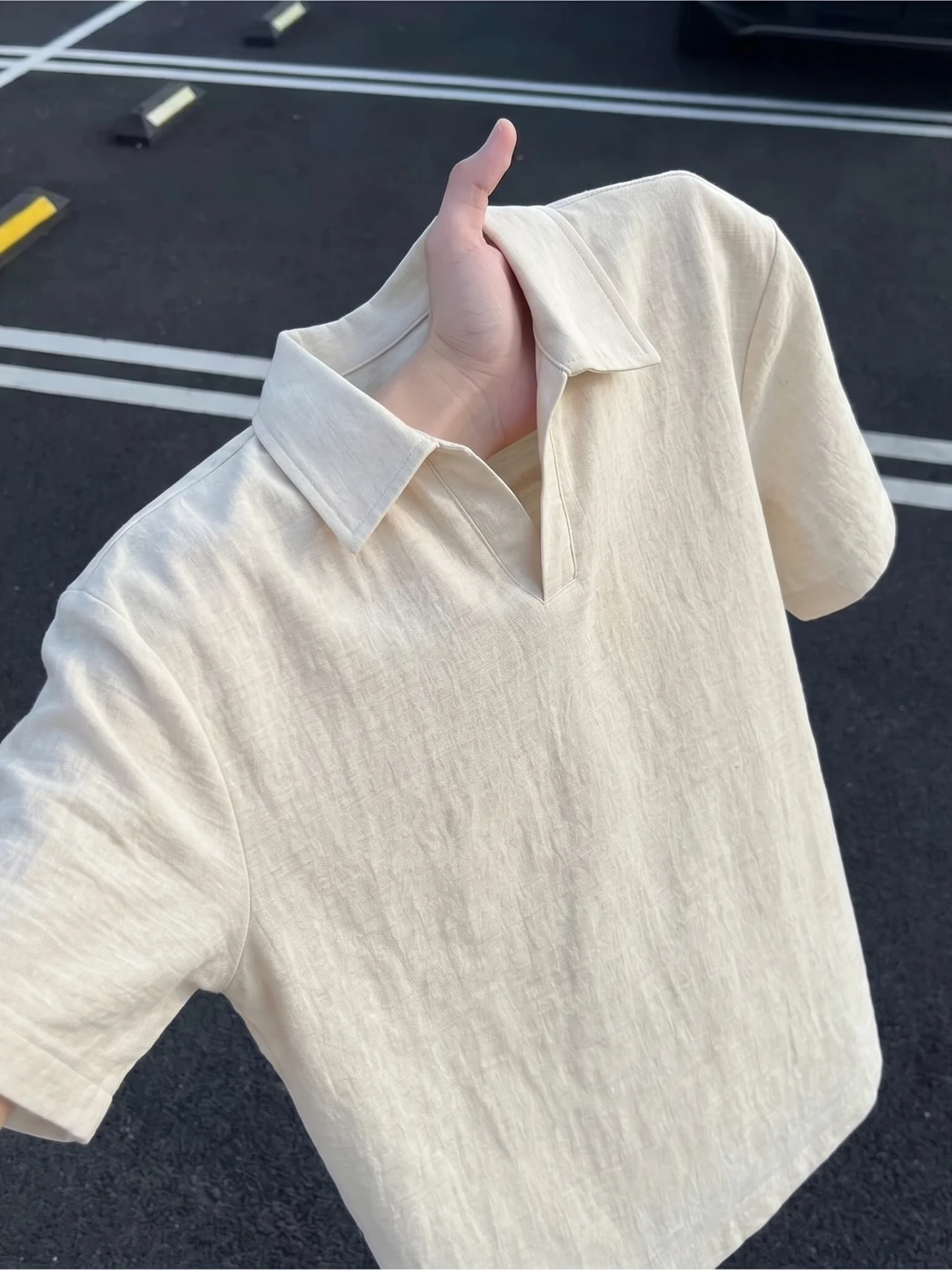 Lightweight Breathable Linen Cotton Casual Short Sleeve  Shirt in Apricot with Oystercatcher Collar for Men Summer T-Shirt