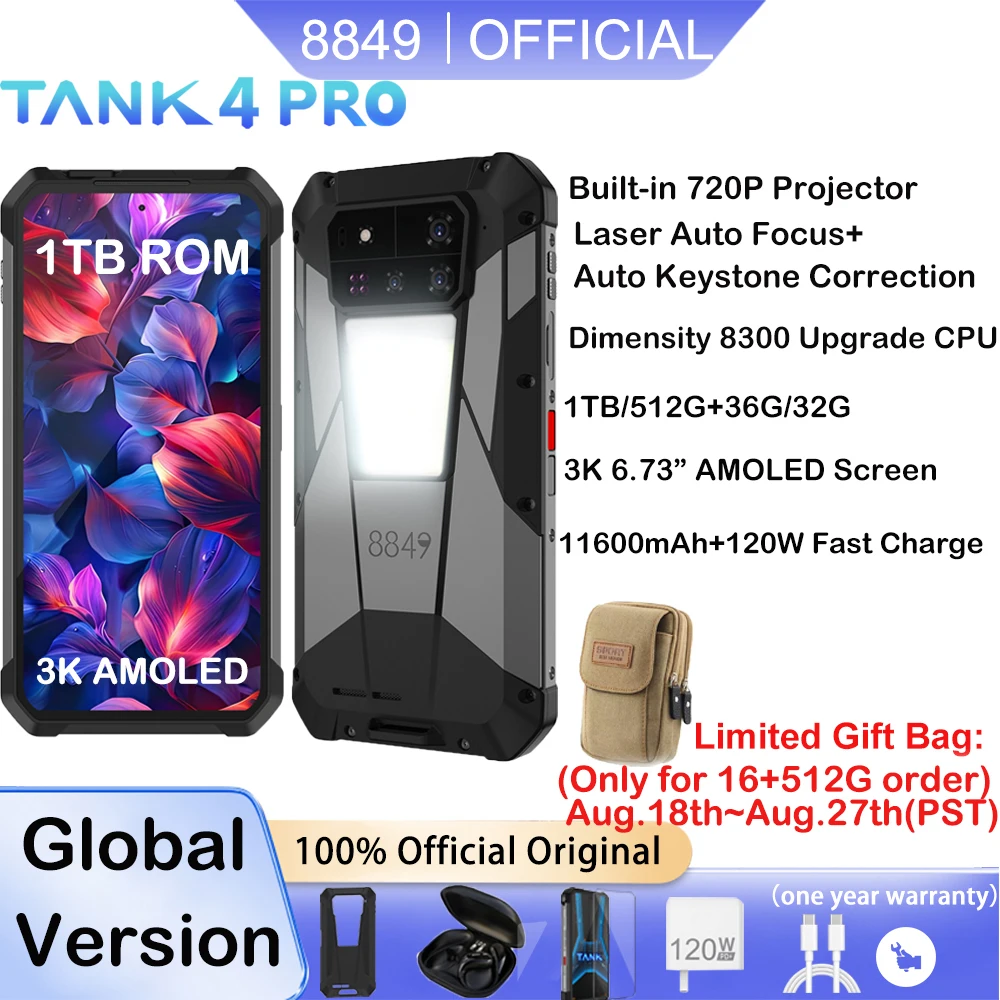 8849 Tank 4 Pro Unihertz 5G Rugged Projector Smartphone 1TB 36G Android 14 Sports Phone 11600mAh Dimensity8300 AMOLED 120HZ