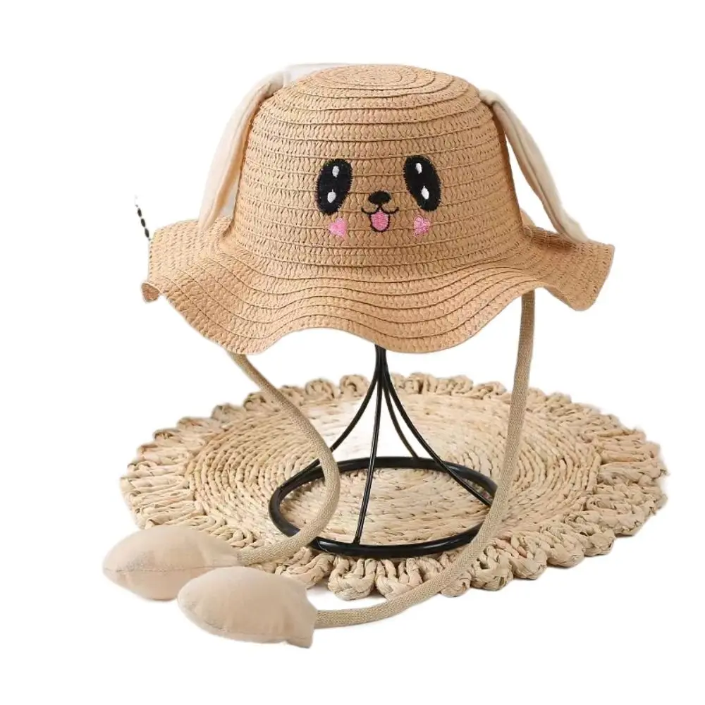 Summer Sunscreen Rabbit Ear Sunshade Straw Hat UPF50+ Ear Moving Bunny Sunshade Hat Costume Accessories Bucket Hat Holiday