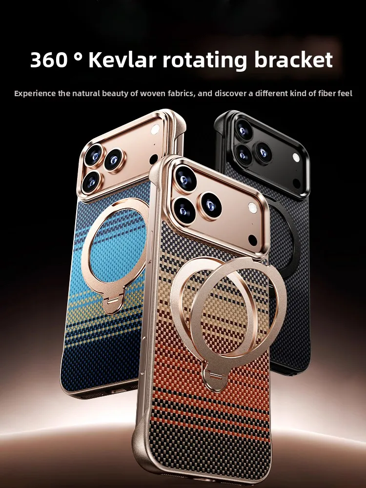 

Чехол для iPhone 17 Pro Max, новый кевларовый чехол из углеродного волокна, безрамный, рассеивающий тепло, магнитный, с вращающейся подставкой, чехол для iPhone 16 Pro