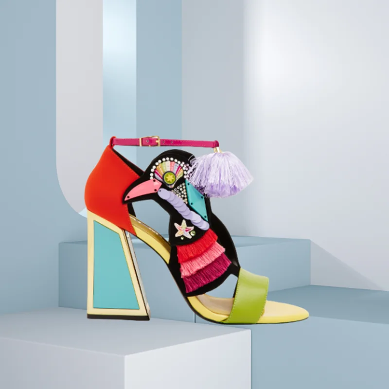 Mixed Color Crystal Decor Totem Sandals Cover Heel Strange Style Chunky High Heels Women Summer Fashion Shoes Zapatillas Mujer