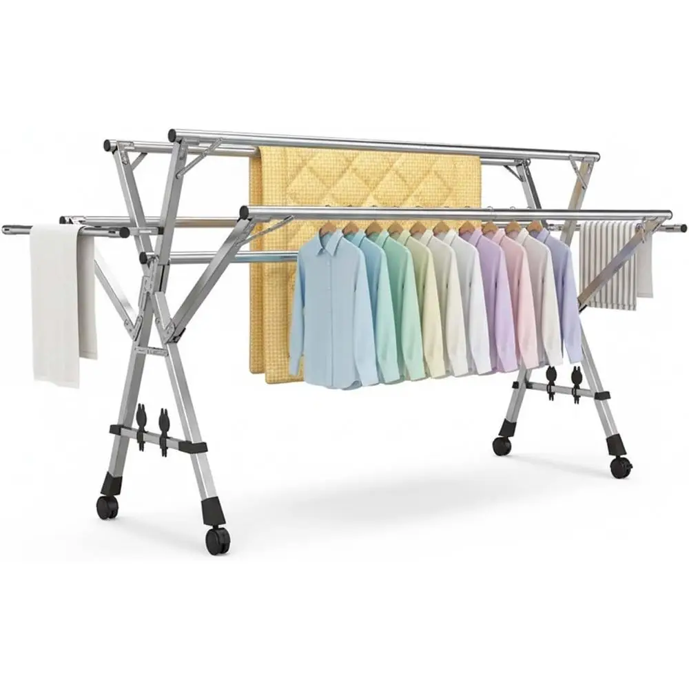 

Collapsible Stainless Steel Clothes Drying Rack, Portable Laundry Hanger, Expandable Garment Rack for Indoor/Outdoor, Space-Savi