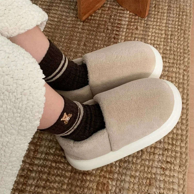 

Winter Minimalist Wool-Lined Slippers Warm-Heel Pouch and Anti-Slip Soles Comfortable Home Cotton Slippers Women Men Fleece-Line