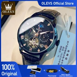 OLEVS Men's Watches Business Skeleton Automatic Mechanical Wristwatch Waterproof Leather Calendar Date Watch for Man New Arrival