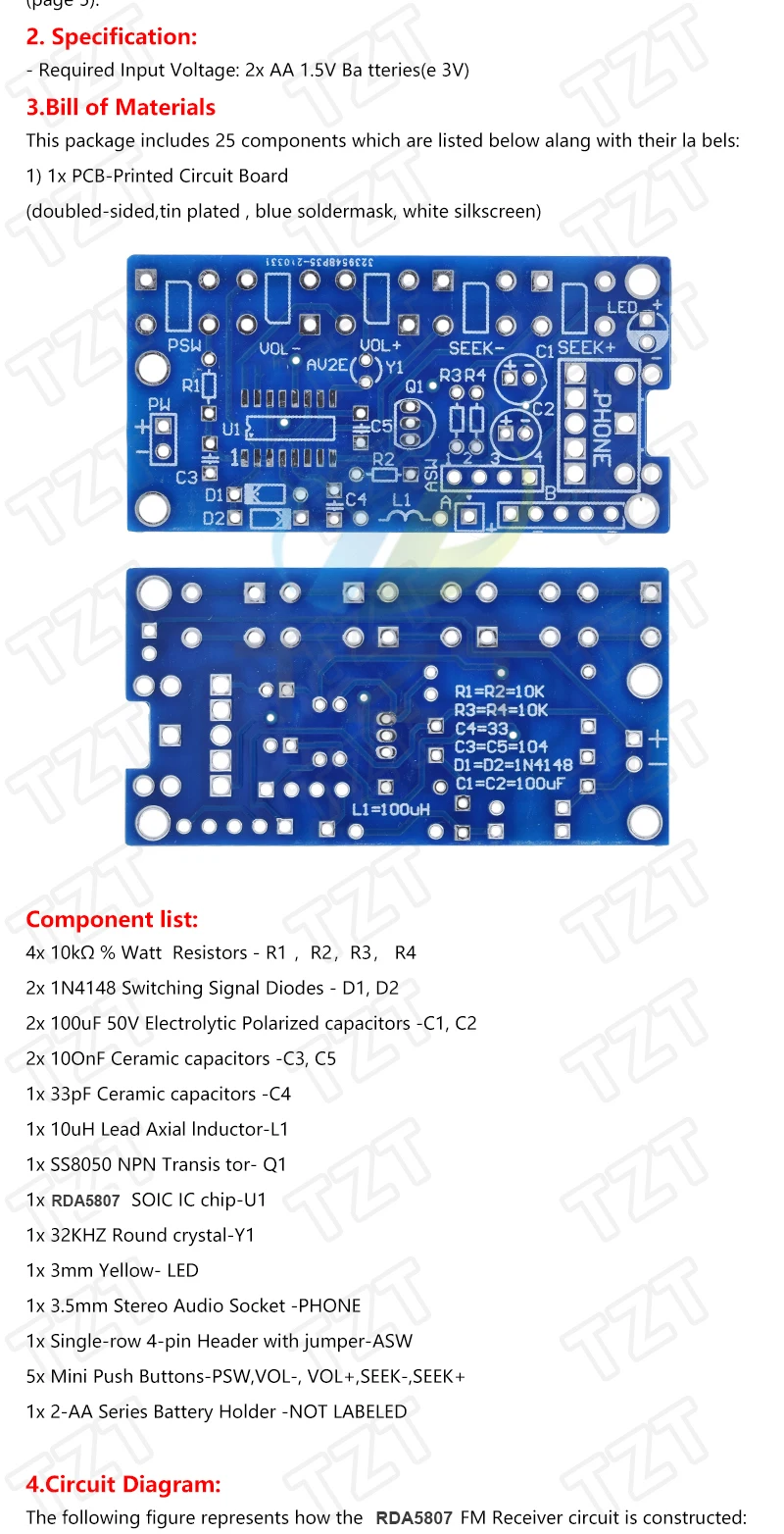 TZT 1/3PCS TZT DIY Elektronik-Bausätze Drahtloses Stereo-FM-Radio-Empfängermodul 76MHz-108MHz DC 1,8V-3,6V – Detail 2
