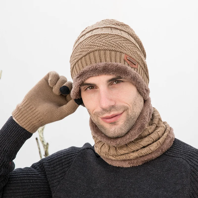 Conjunto de gorro y guantes de punto para hombre y mujer, gorros gruesos de felpa, calentador de cuello a prueba de viento, traje de esquí para exteriores