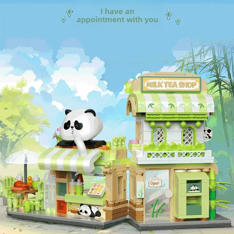 Coffee Shop Mini Block Construction Set Ice Cream Shop Moc Street View Building Block Panda Model Assembly Bricks 3d Constructor
