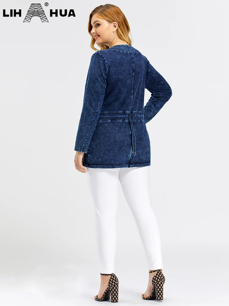 LIH HUA feminino plus size denim jaqueta outono alta elasticidade algodão malha manga longa casual moda jaqueta
