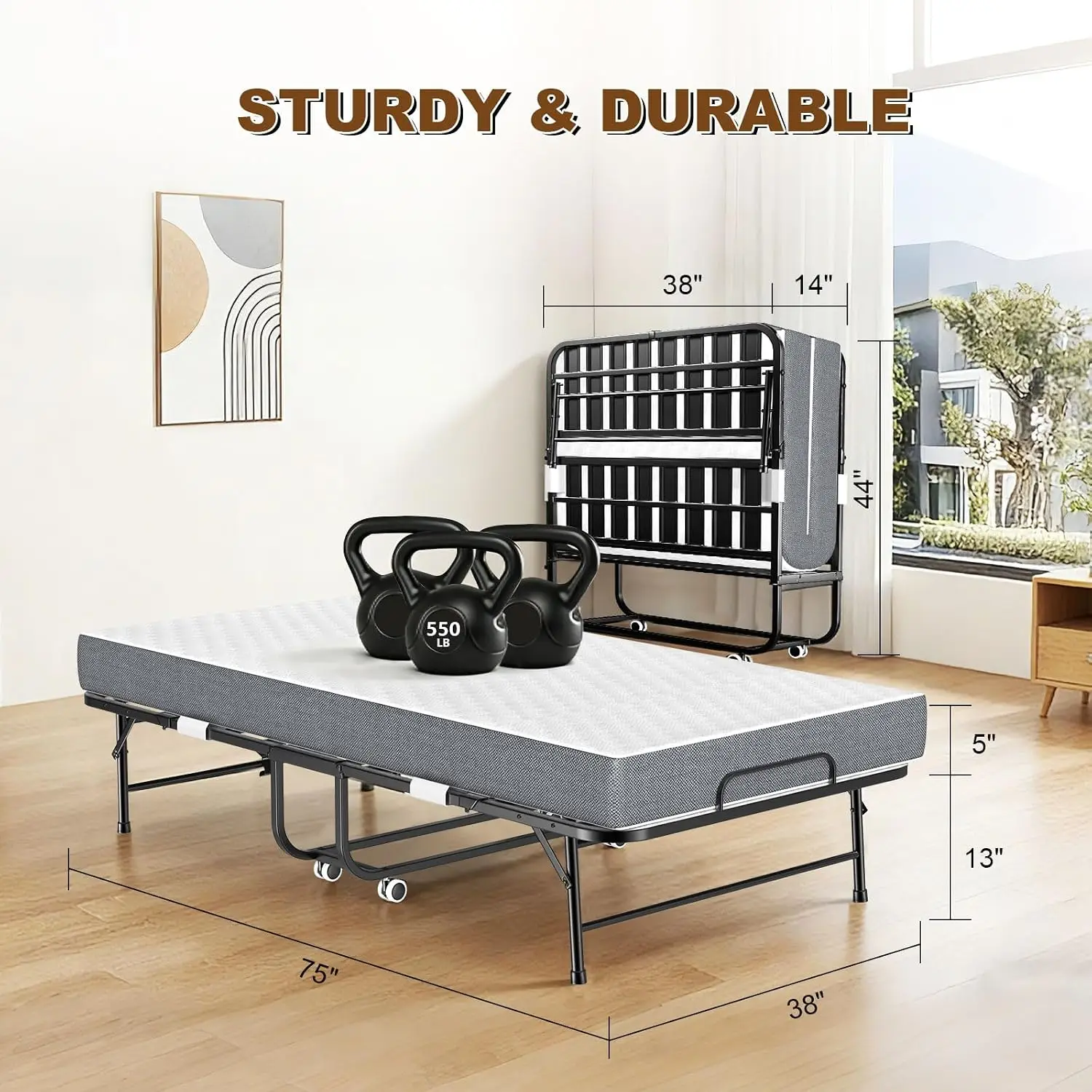 Twin Portable Folding Roll Away Guest Cot with Memory Mattress, Wheels & Widened Grid Frame for Adults, Custom