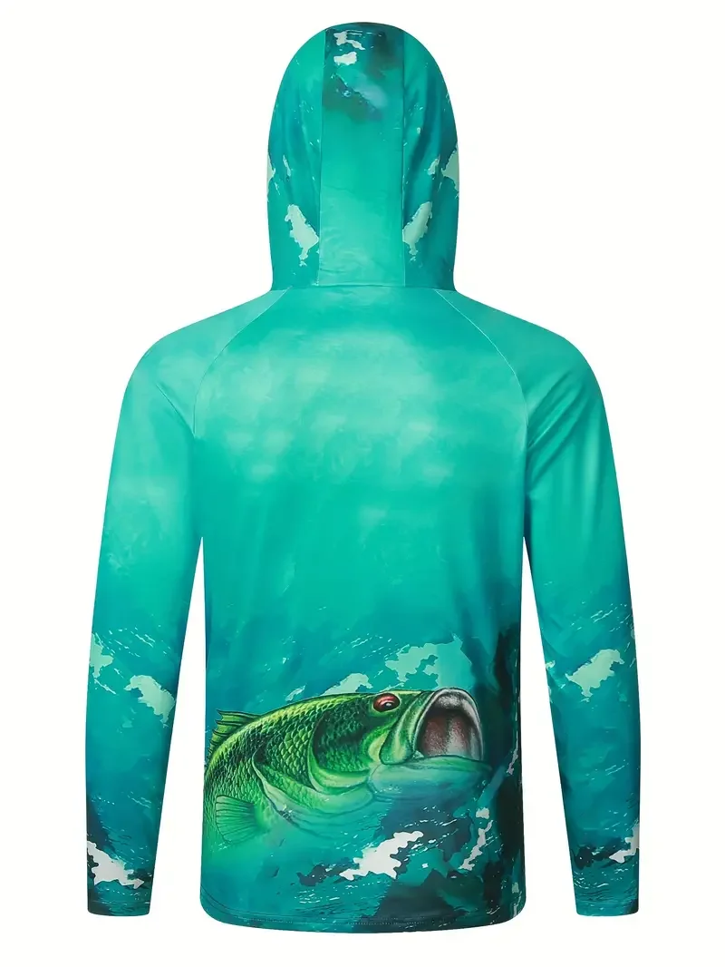 Herren Blaues Camo UPF50+ Angelhemd mit Kapuze und Gesichtsmaske, Langarm, Schnelltrocknend, Anti-UV, Atmungsaktiv, Outdoor-Angeloberteil – Detail 8