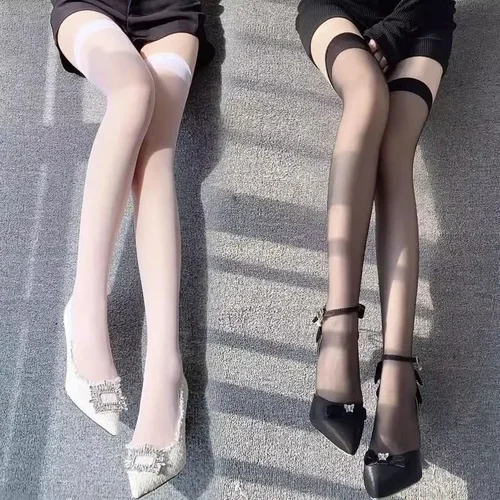 Imagen 2 del producto Medias sexis ultrafinas para mujer, calcetines hasta el muslo blancos y negros de verano JK Lolita, medias largas por encima de la rodilla de nailon, medias para mujer y niña