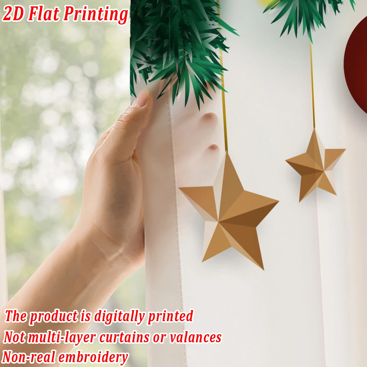 Tenda velata con stampa piatta natalizia con palla di Natale, ornamento a stella, ramo di pino per decorazioni per la camera da letto del soggiorno, feste