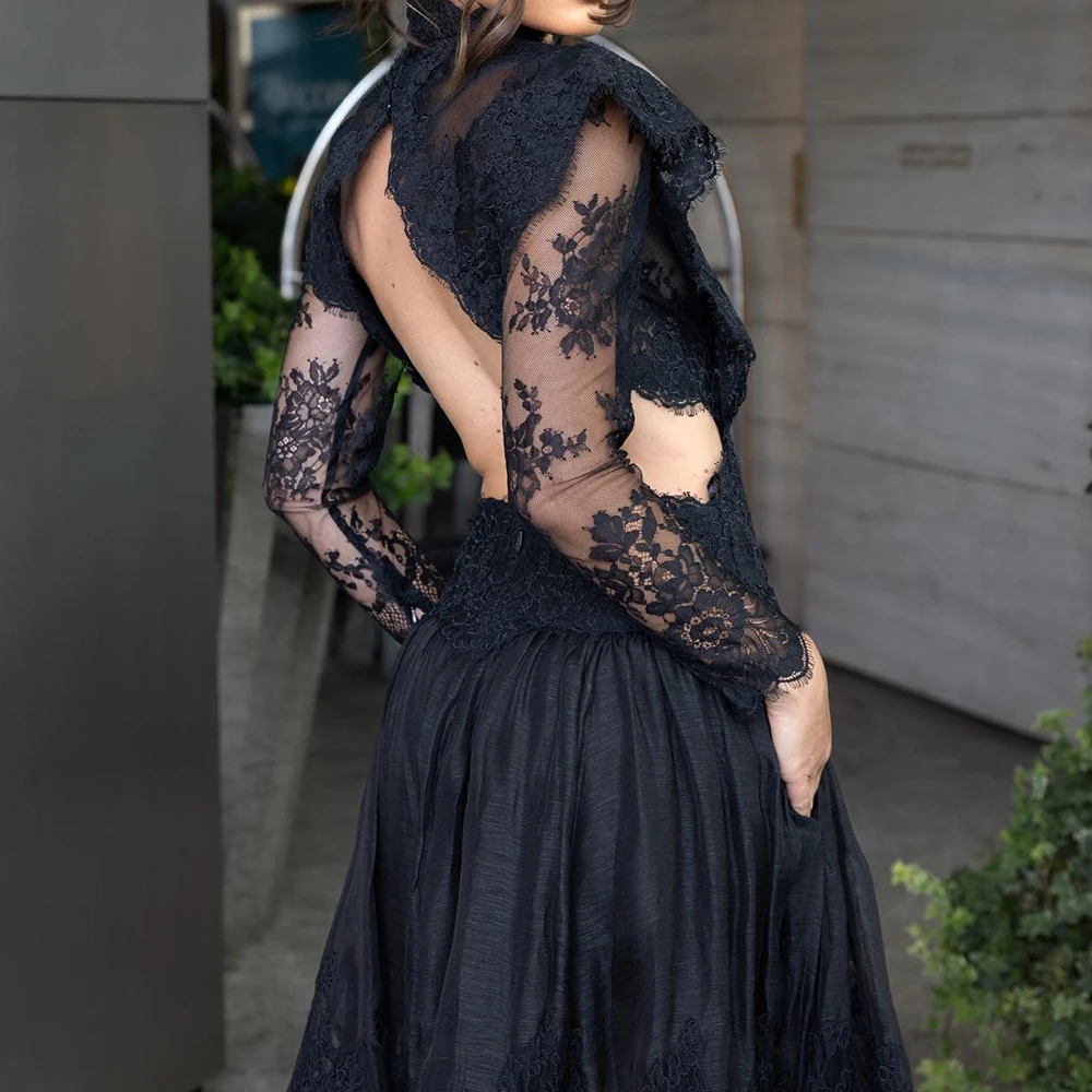 Customized Sexy Lace A-Line Evening Dress Temperament  Floor Length Crew neck Long Sleeves vestidos para mujer