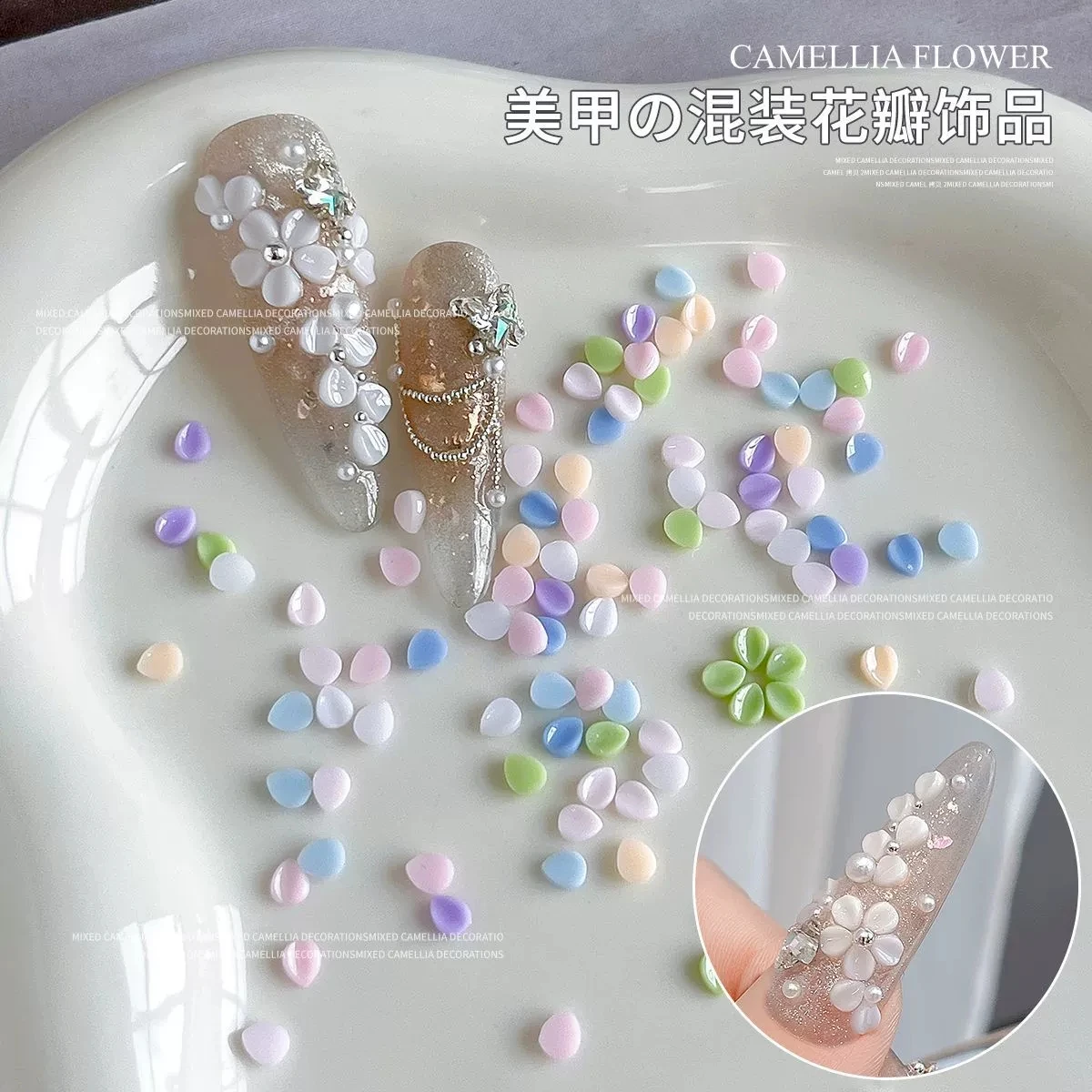 100PCS Petal Flower Nail Accessories Mixed Pack Flat-bottomed 3D Nail Charms Resin Flowers Nail Art Decoration