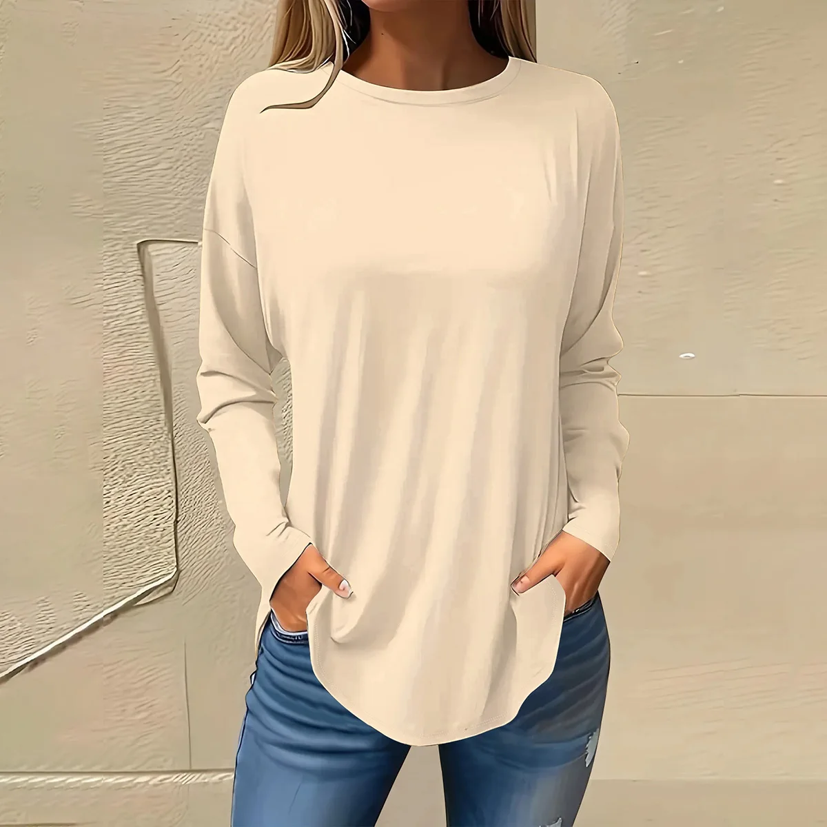 بلوزة نسائية أوروبية وأمريكية أنيقة كاجوال برقبة دائرية وأكمام طويلة بلون سادة #2