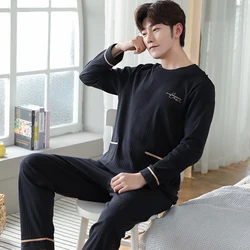 Plus Size Casual Men Spring Autumn Nightwear Knitted Cotton Pajamas Set Long Sleeved Long Pants Fashion Elegant Mens Leisure