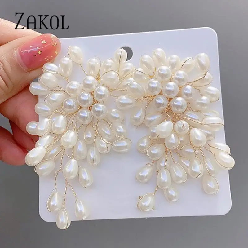 ZAKOL Temperament Imitation Pearl Flower Earrings Bridal Sweet Handmade Beading Earring Wedding Forest Style Dress Accessories