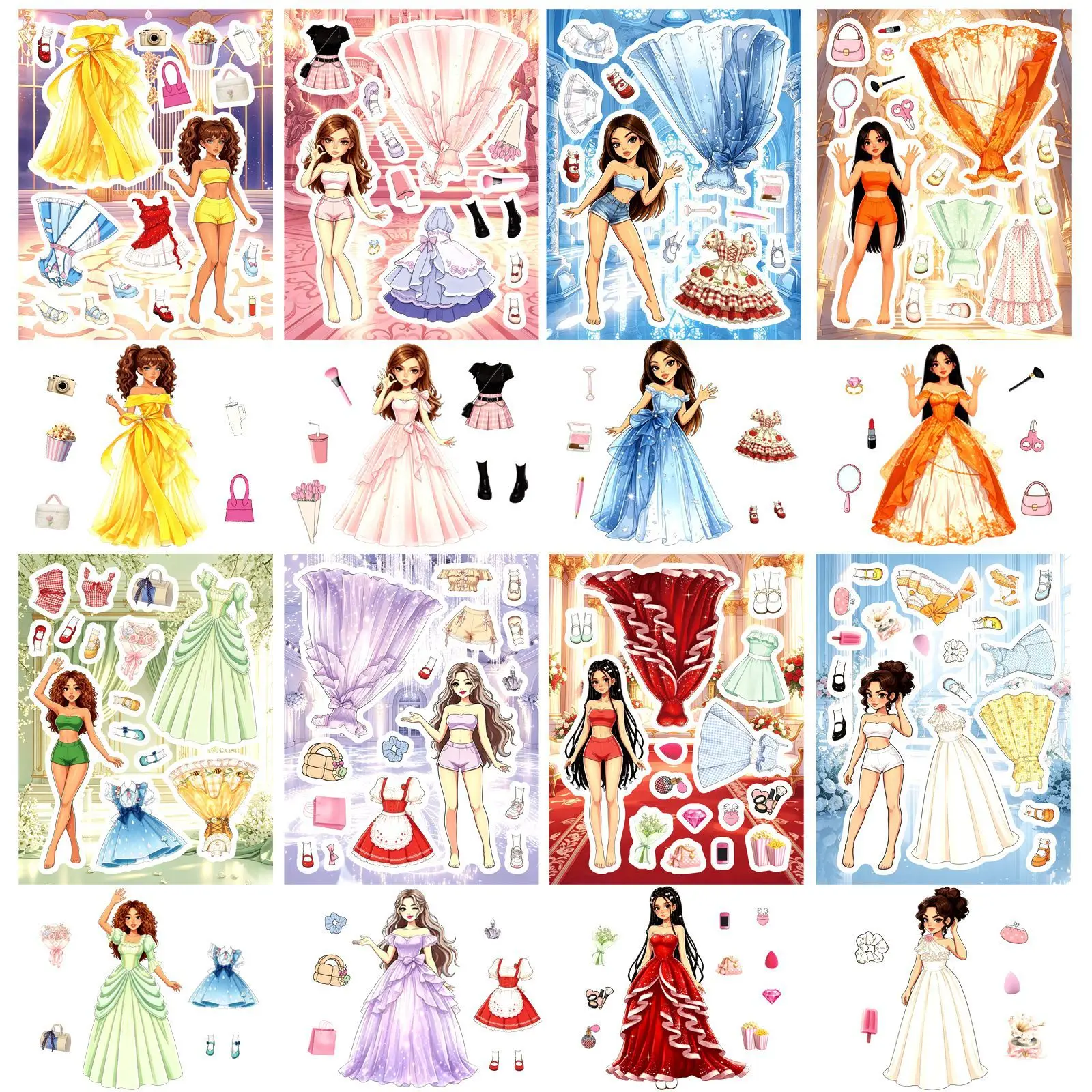8 Pcs Cartoon Princess Dress Up DIY Educational Waterproof Decals for Journal Drawing Board Gift