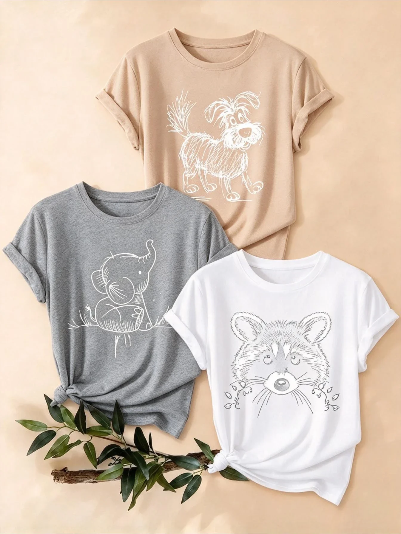 2026 Women 3-Pack Casual T-Shirt Set, Cute Animal Line Art Sketch Graphic Print Tees, Crew Neck Oversized Loose Fit Short Sleeve Basic Tops For Daily Outfit
