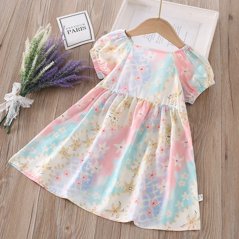 2026 New Summer Kids Dress 1-8T Sweet Thin Love Girls Casual Dress  Puff Sleeve Rainbow Colors Children Clothes