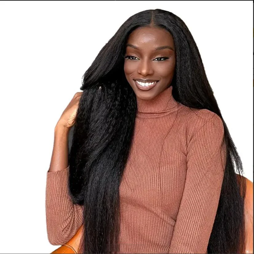 ياكي 180 الكثافة 26 بوصة لينة الطبيعية الأسود غريب مستقيم Preplucked طويل الدانتيل شعر مستعار أمامي للنساء الاصطناعية شعر الطفل غلويليس #4