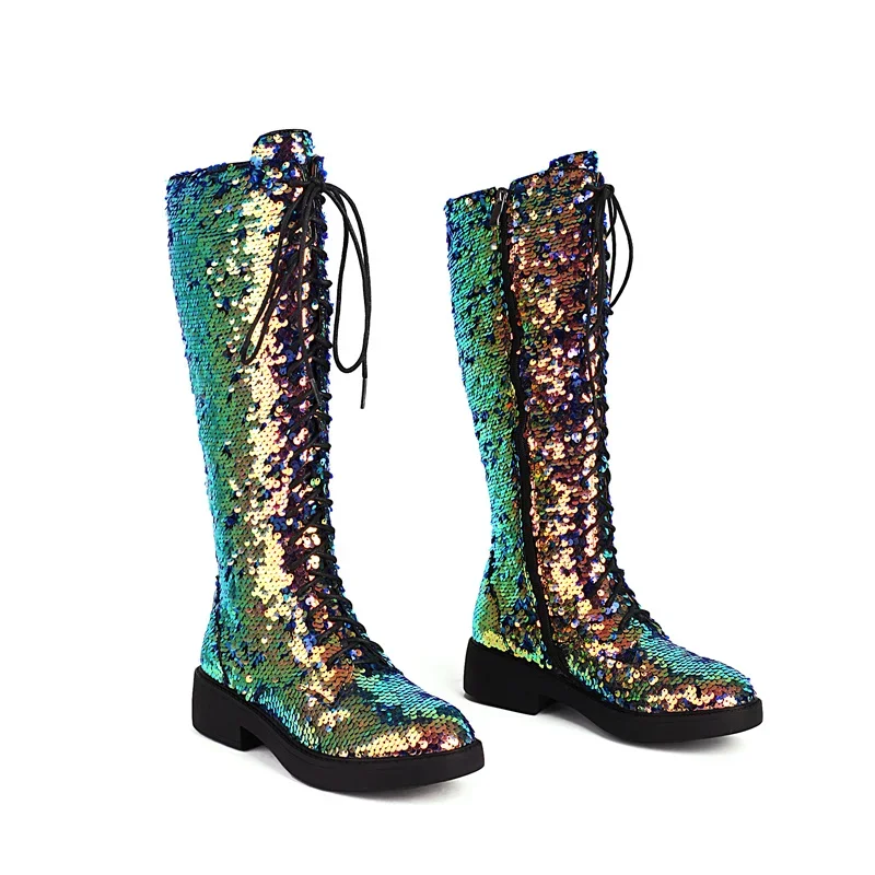 Glitter argento oro doppio colore stivali alti al ginocchio donna tacchi medi spessi signore verde paillettes panno cerniera Lace-up Bling stivali