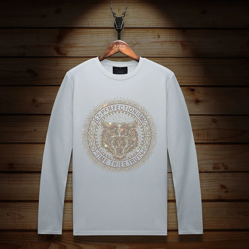 Plus Size High Quality Tiger Rhinestones T Shirt Men Clothing Fashion Trend O Neck Long Sleeve Slim Casual Mens Animal T-shirts