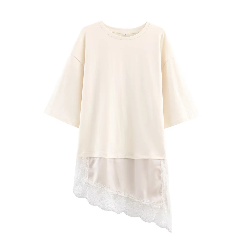 New Product Women's Slim Straight Round Neck Short Sleeve Asymmetric Hemp Splicing Lace T-shirt Solid  Loose Short-sleeved Shirt