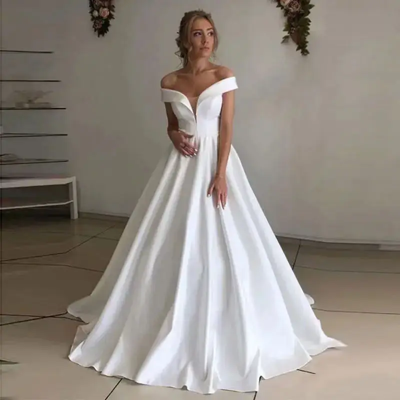 

Custom Made 2023 Off The Shoulder New Arrival Satin Wedding Dress Vestido De Noiva Robe De Soiree Bride Vestidos De Fiesta