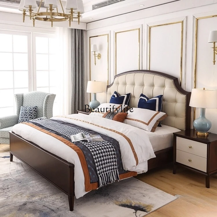 

Solid Wood Bed American Style Light Luxury Simple Storage Vintage Top Layer Cowhide