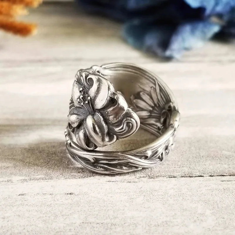 *خاتم زهرة اللوتس الرجعية للرجال والنساء فضية اللون الشرير القوطية خاتم قابل للتعديل خمر اليدوية للجنسين مجوهرات اكسسوارات هدية