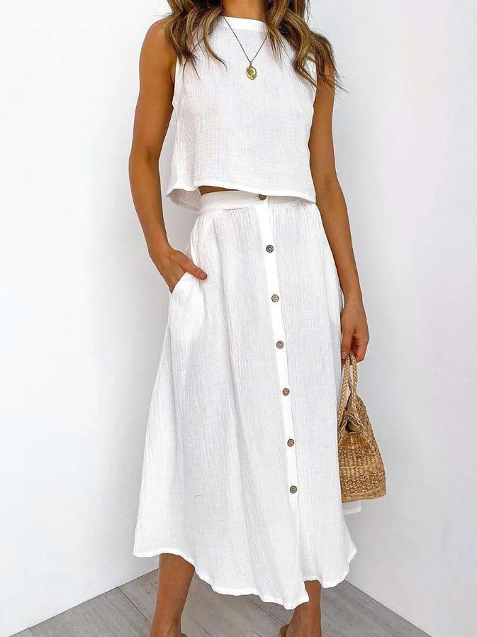 Round neck top button pocket skirt loose casual white cotton linen 2023 summer beach style sleeveless two-piece set