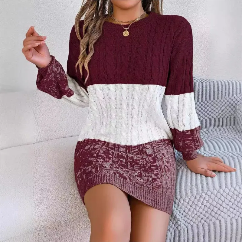 Women\'s Knitted Sweater Dress New Color Blocked Autumn And Winter Elegant Square Collar Button Long Sleeve Sweater Bag Hip Skirt