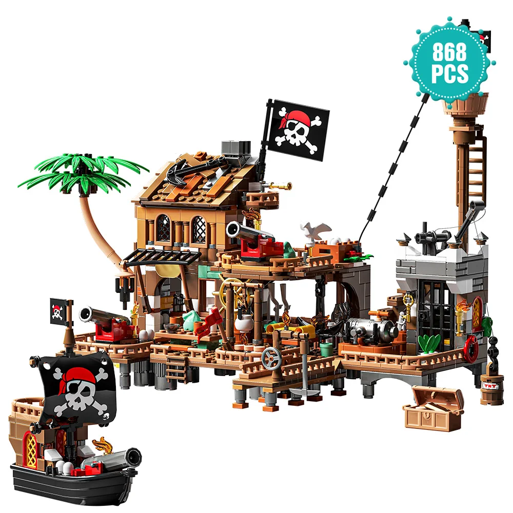 海賊船組み立ておもちゃ 海賊埠頭をテーマにしたシティストア組み立てレンガセット 8～12歳の男の子向け 868ピース アドベントカレンダー