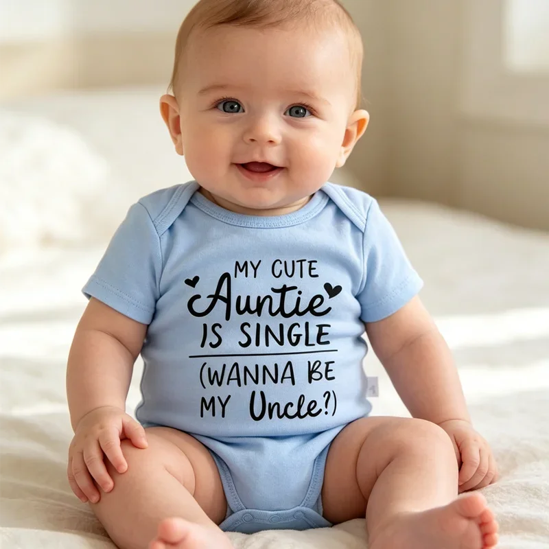 My Auntie Is Single Wanna Be My Uncle Funny Letter Printed Newborn Infant Baby Girl Clothes Short Sleeve Jumpsuit Outfits