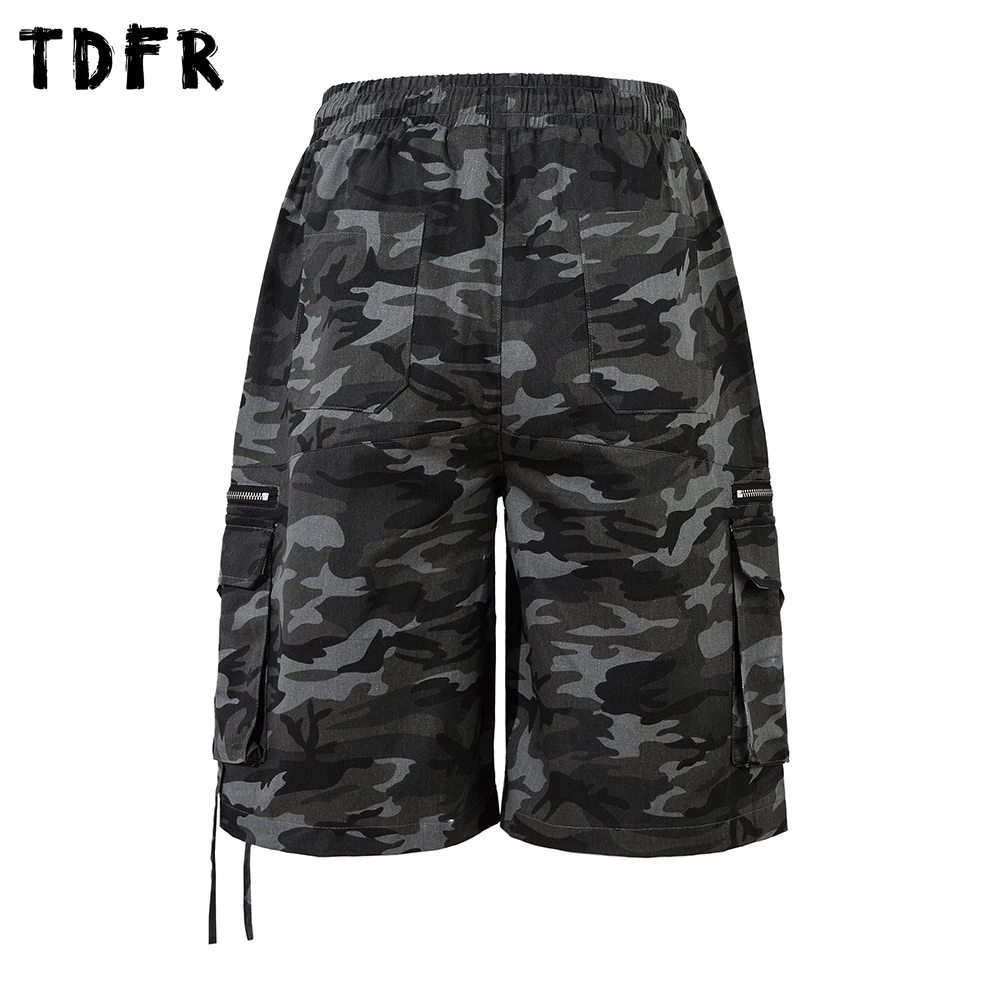 Camouflage Pocket Cargo Shorts Mens Letter Embroidery Safari Style Drawstring Elastic Waist Wide Leg Knee-length Shorts Men