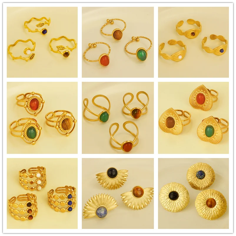 

1/3pcs/Lot Open Adjustable Eye Leaf Heart Ring Real Gold Plated Stainless Steel Rings For Women Men Accessories Real Agate Stone