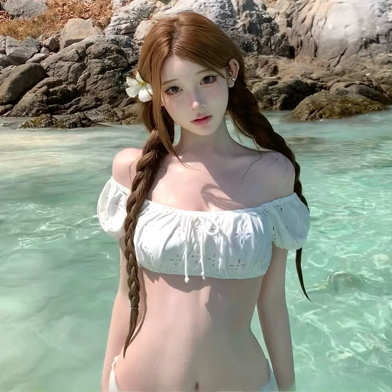 

Sexy Bikini One Shoulder Bubble Sleeve Swimsuit Women's Small Chest Triangular Separate Swimming Suits Beach Playwear