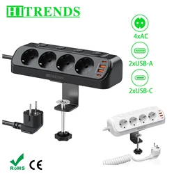 EU Plug Desktop Power Socket Power Strip with Individual switch, 4 AC Outlet USB Socket Multiprise Plug with 2m Extension Cord