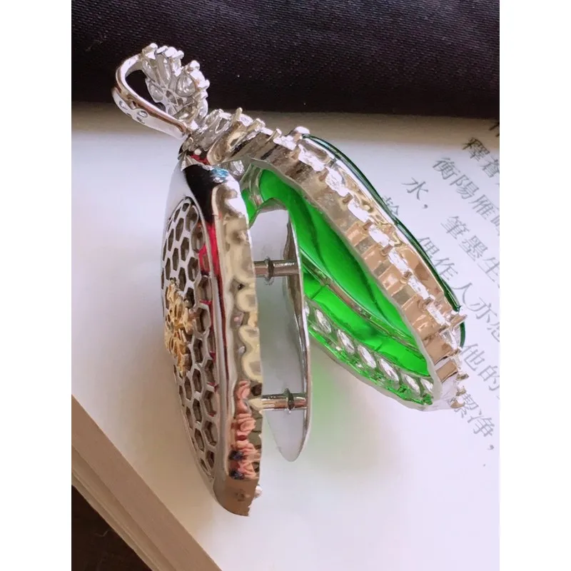 Ice jadeite emerald leaf , natural from Myanmar, set in 1K gold, imperial full green pendant