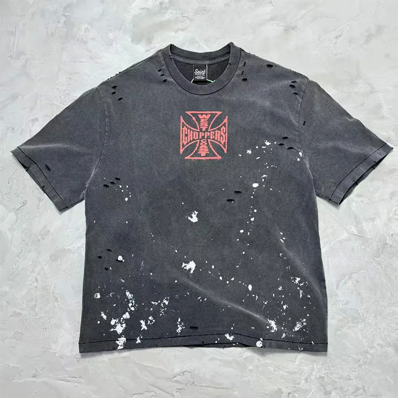 

Футболка Saint × West Coast Choppers с эффектом поношенности, свободного кроя, из хлопка, с круглым вырезом и буквенным принтом, в корейском стиле