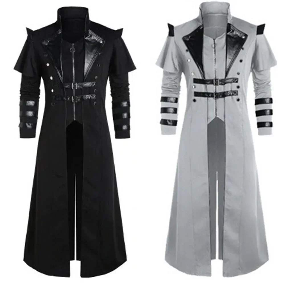 Fashion Man Steampunk Gothic Victorian Steampunk Pirate Stand Collar Zip-up Split Cool Jacket Trench Coat For Men Clothing