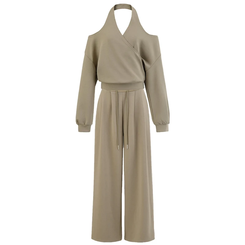 2025 아메리칸 레트로 그레이 크로스 홀터 스웨트셔츠 가을 오버사이즈 풀오버 스웨트 엘라스틱 웨이스트 와이드 레그 팬츠 여성 세트