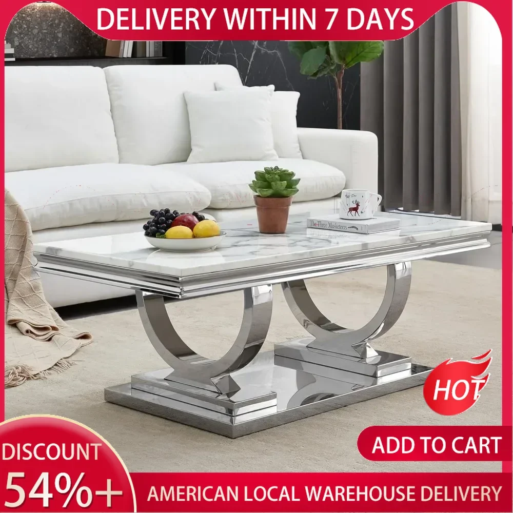 Faux Marble Coffee Table for Living Room Luxury White Marble Center Table with Silver Pedestal Base Mid-Century Cocktail Table