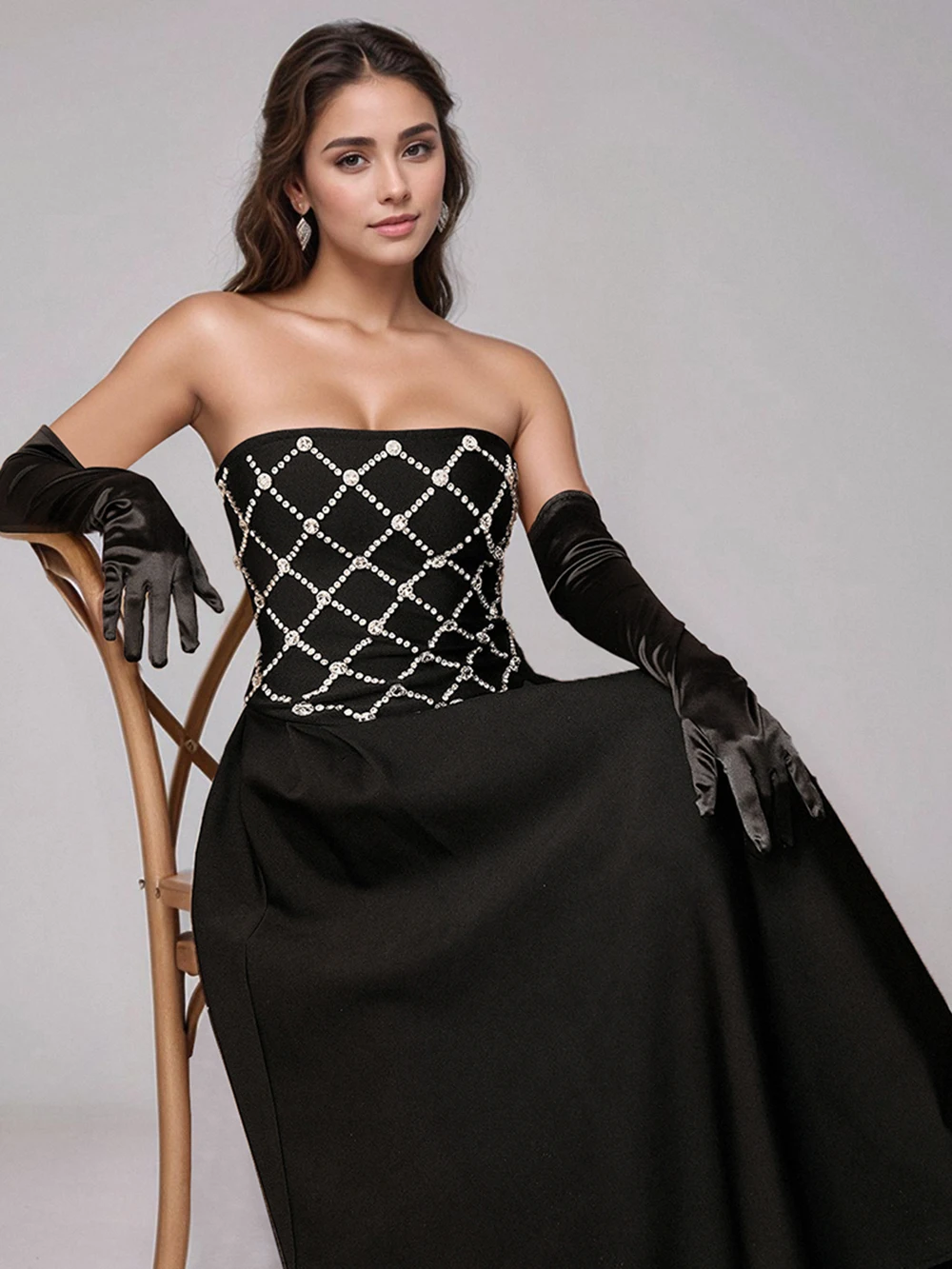 

Elegant Black Backless Diamond High waist Long Dress Bandage Women's Sexy Strapless Sleeveless Evening Festival Party Gowns